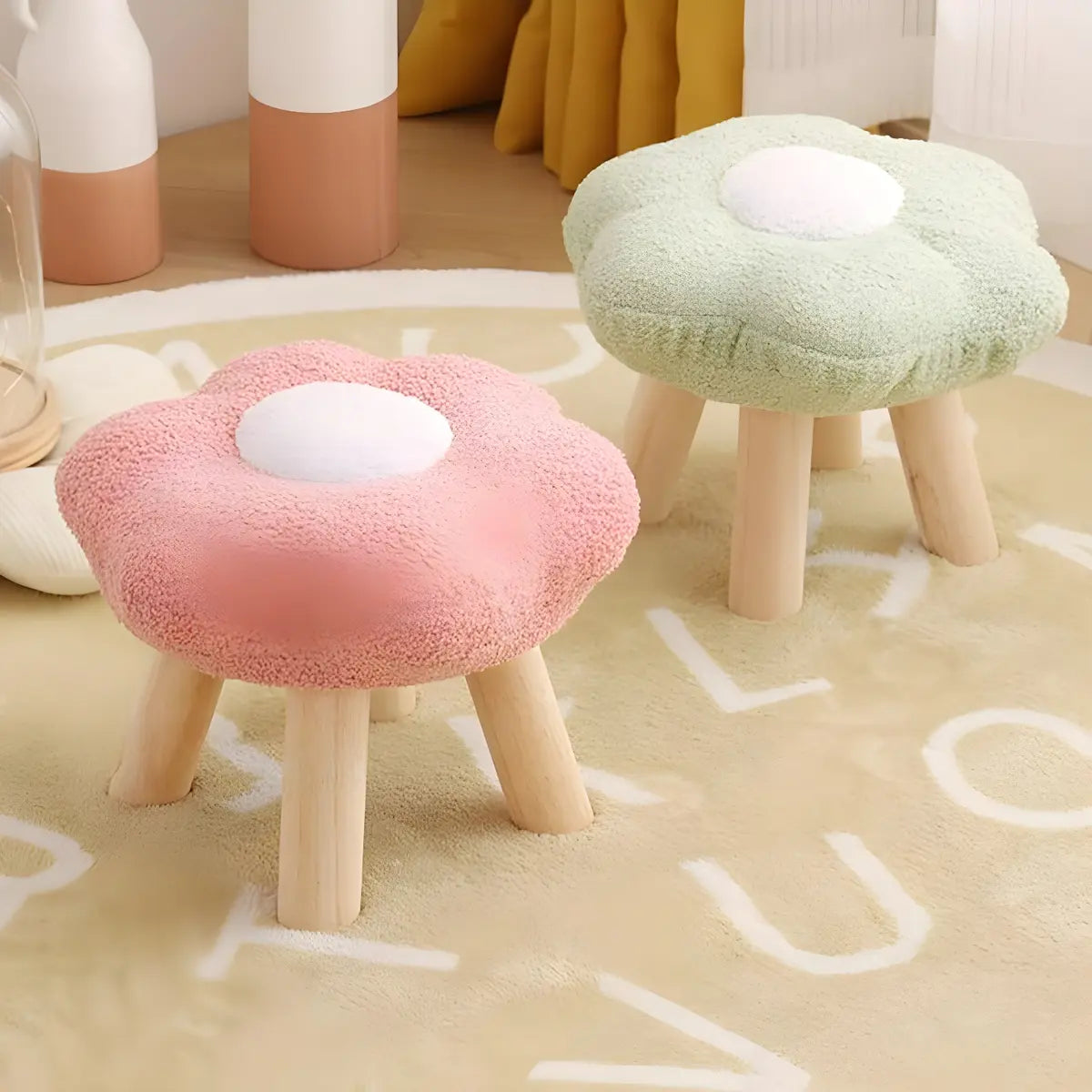 Colorful Patchwork Flower Sherpa Mini Wood Ottoman Image - 4