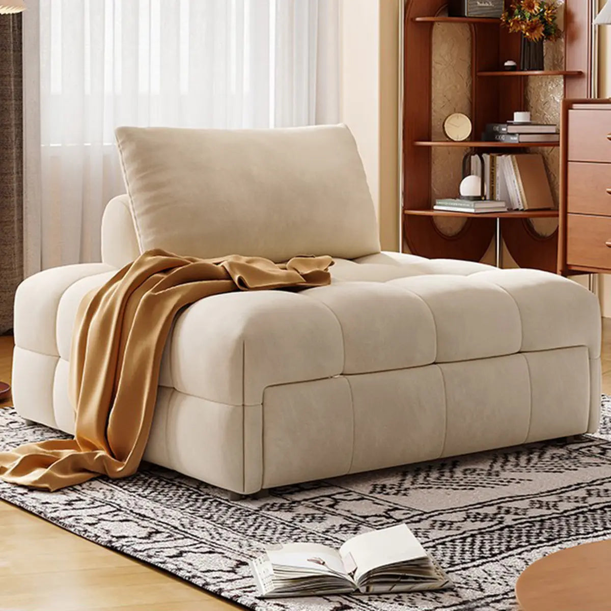 Comfort Beige Twin Tufted Armless Fabric Futon Sofa Image - 1