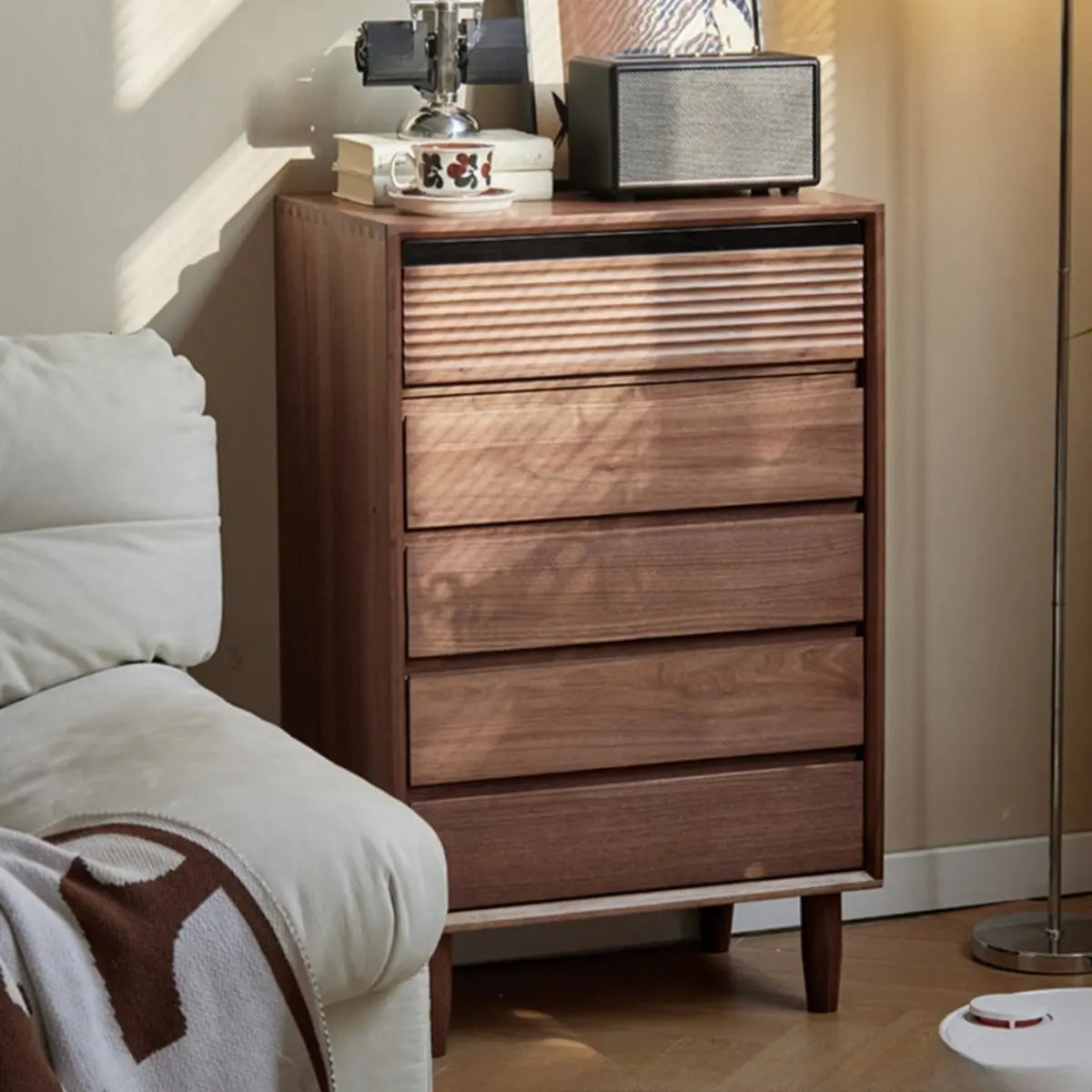 Compact Vertical Walnut Brown Five-Drawer Storage Chest Image - 1