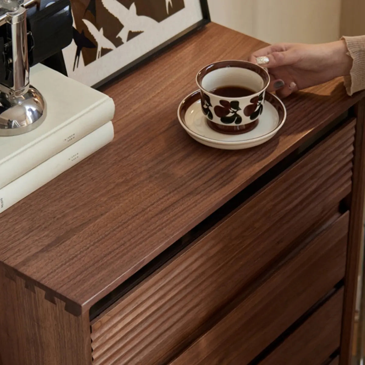 Compact Vertical Walnut Brown Five-Drawer Storage Chest Image - 7