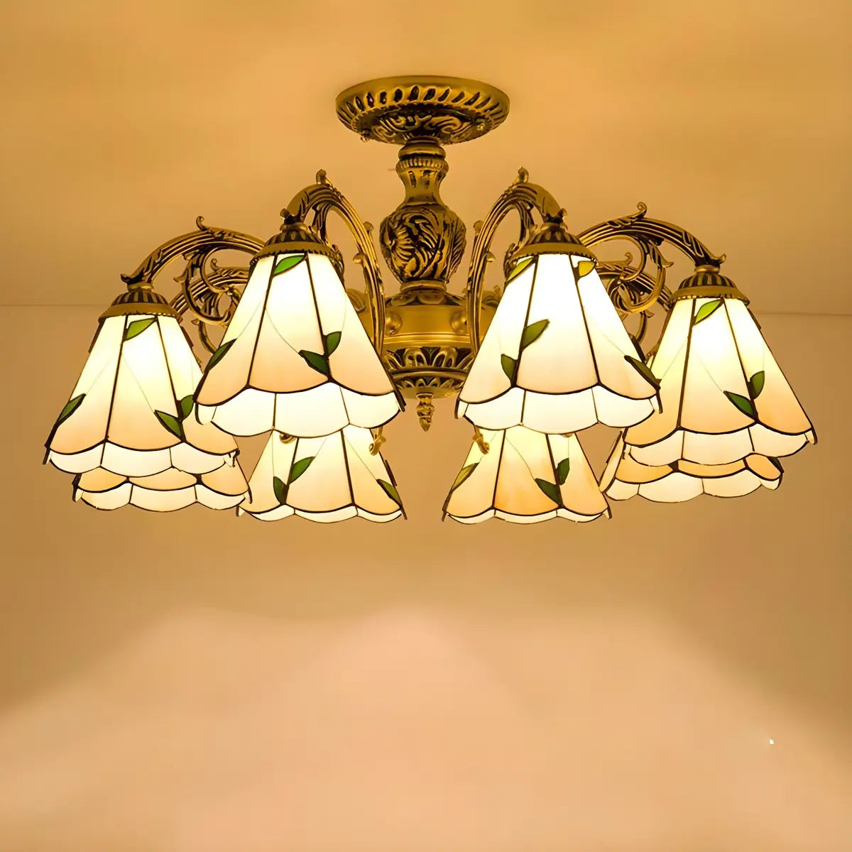 Cone Stained Glass Brass Down Living Room Chandelier Image - 3