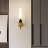 Contemporary Alabaster Brass Cylinder Living Room Wall Lamp Image - 6