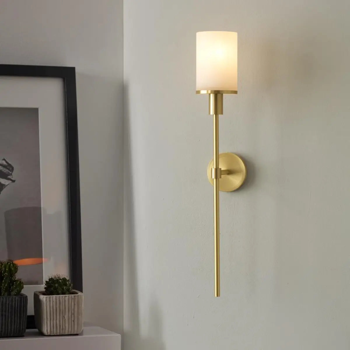 Contemporary Alabaster Cylinder Gold Foyer Wall Sconce Image - 1