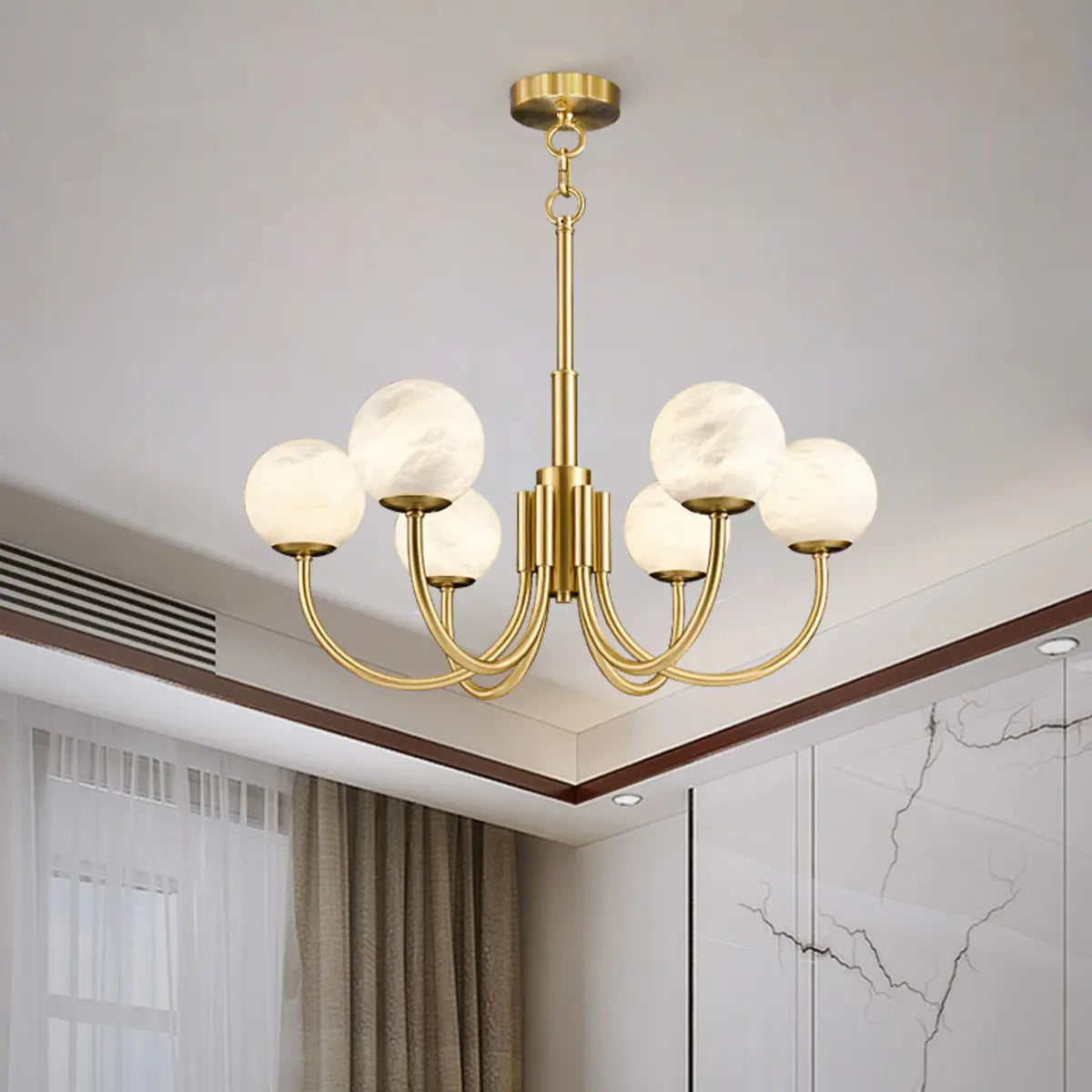 Contemporary Alabaster Gold Branch Globe Hanging Chandelier Image - 1