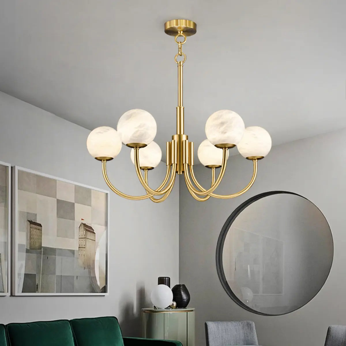 Contemporary Alabaster Gold Branch Globe Hanging Chandelier Image - 6