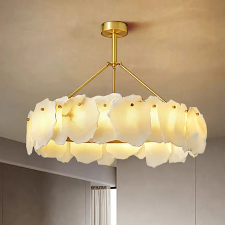 Contemporary Alabaster Petal Round Brass Chandelier Image - 1