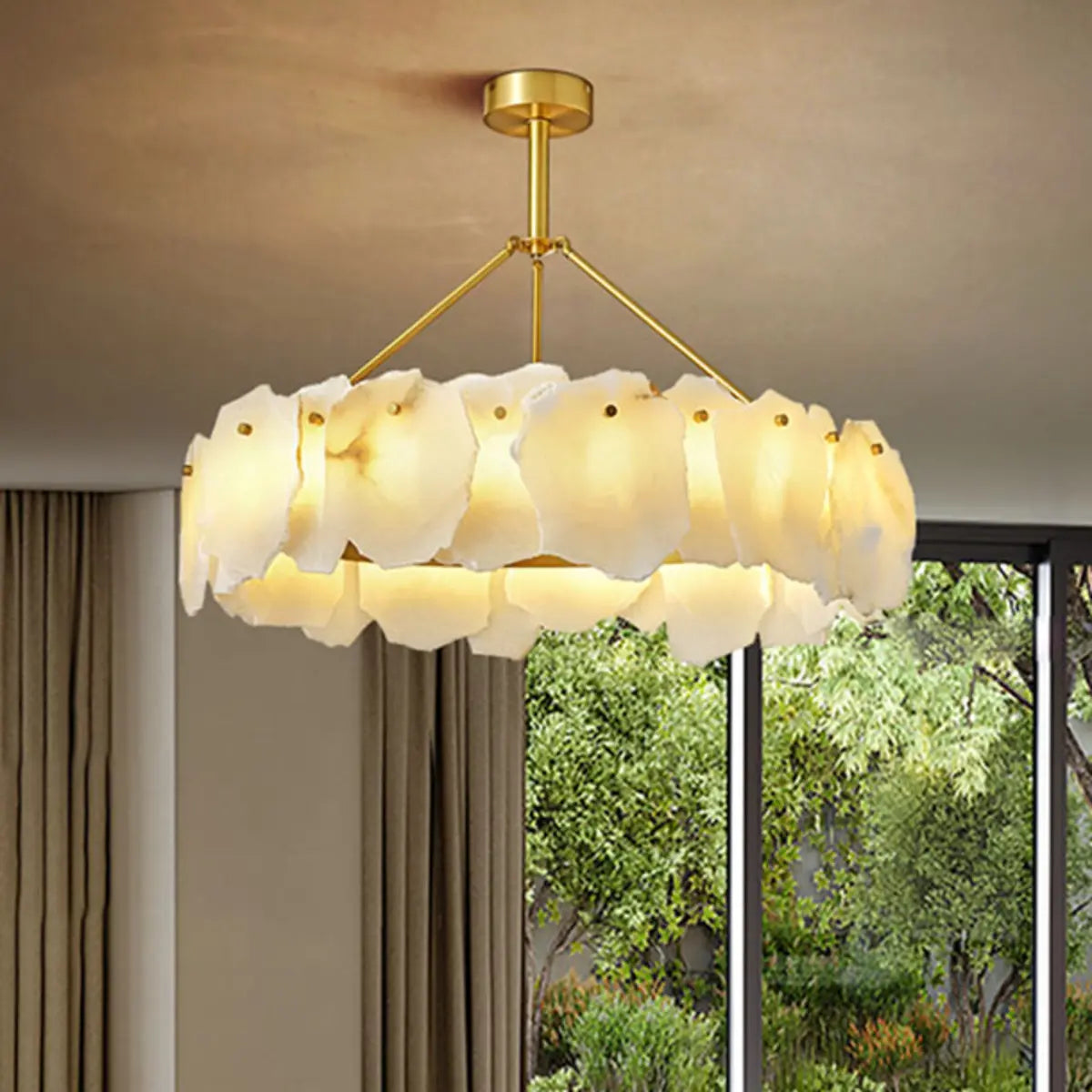 Contemporary Alabaster Petal Round Brass Chandelier Image - 2