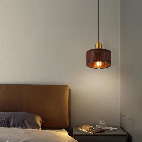 Contemporary Bedroom Solid Wood Drum Pendant Light Image - 1