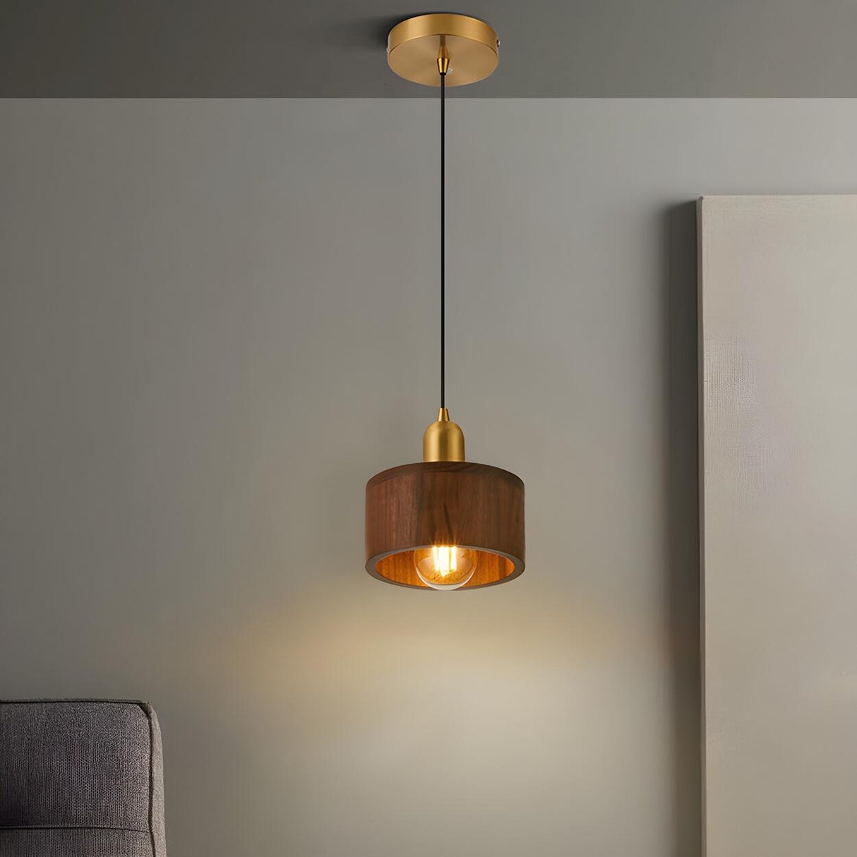 Contemporary Bedroom Solid Wood Drum Pendant Light Image - 14