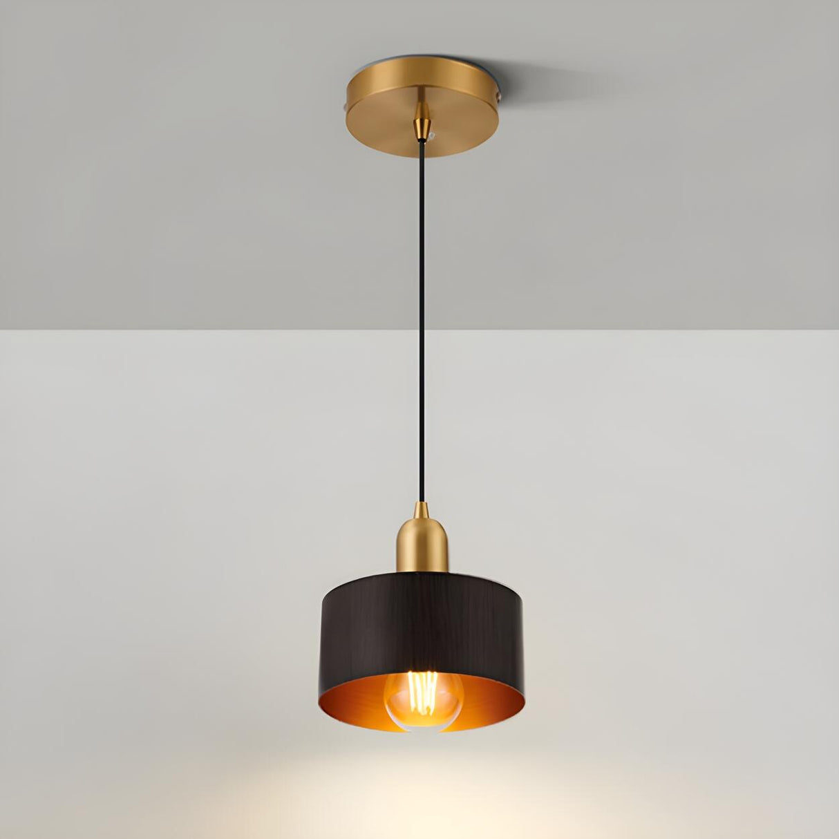 Contemporary Bedroom Solid Wood Drum Pendant Light Image - 6