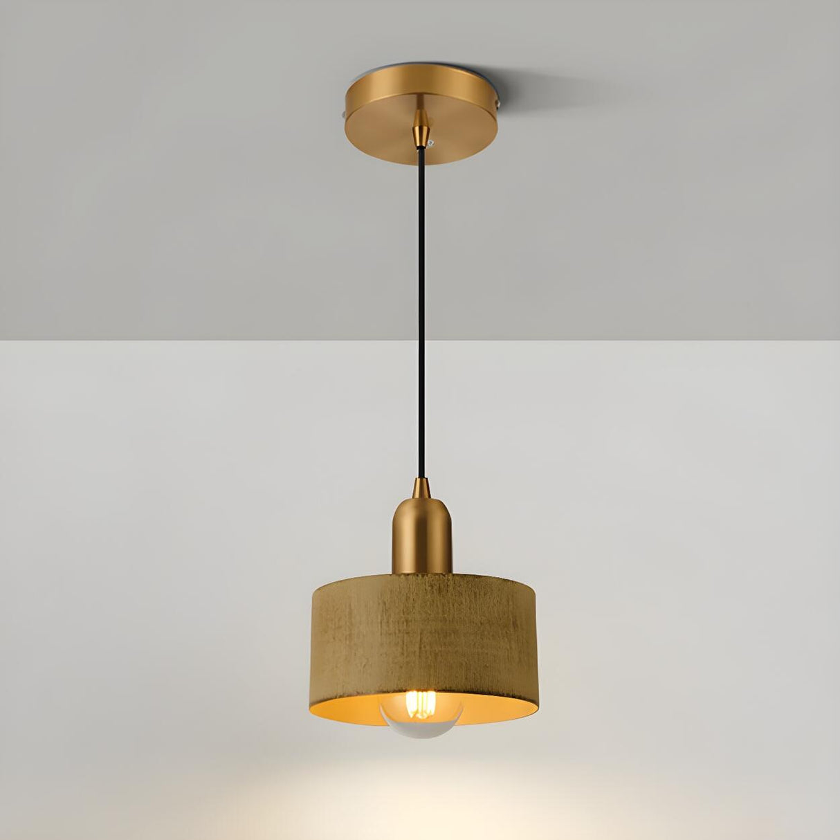 Contemporary Bedroom Solid Wood Drum Pendant Light Image - 7