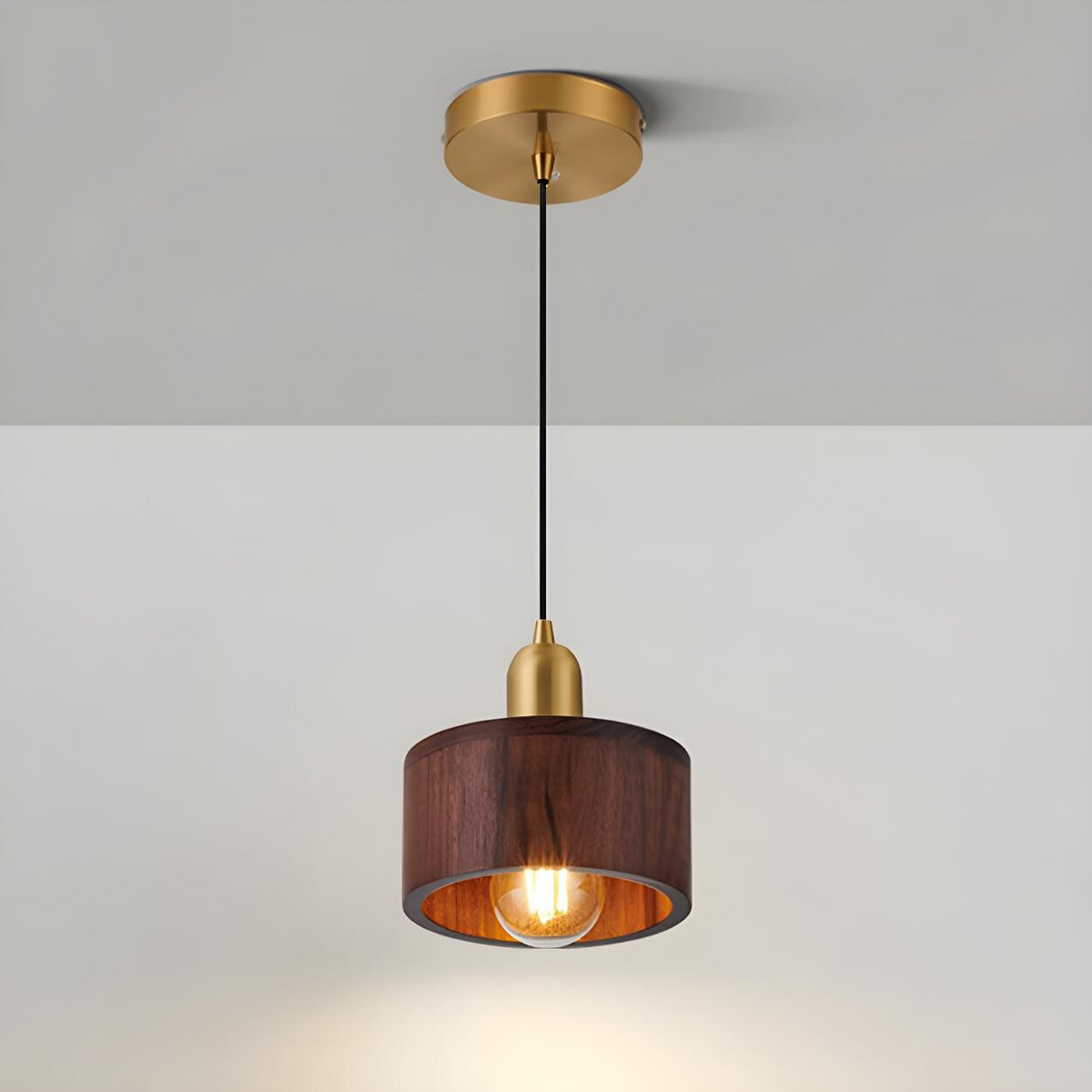 Contemporary Bedroom Solid Wood Drum Pendant Light Image - 8