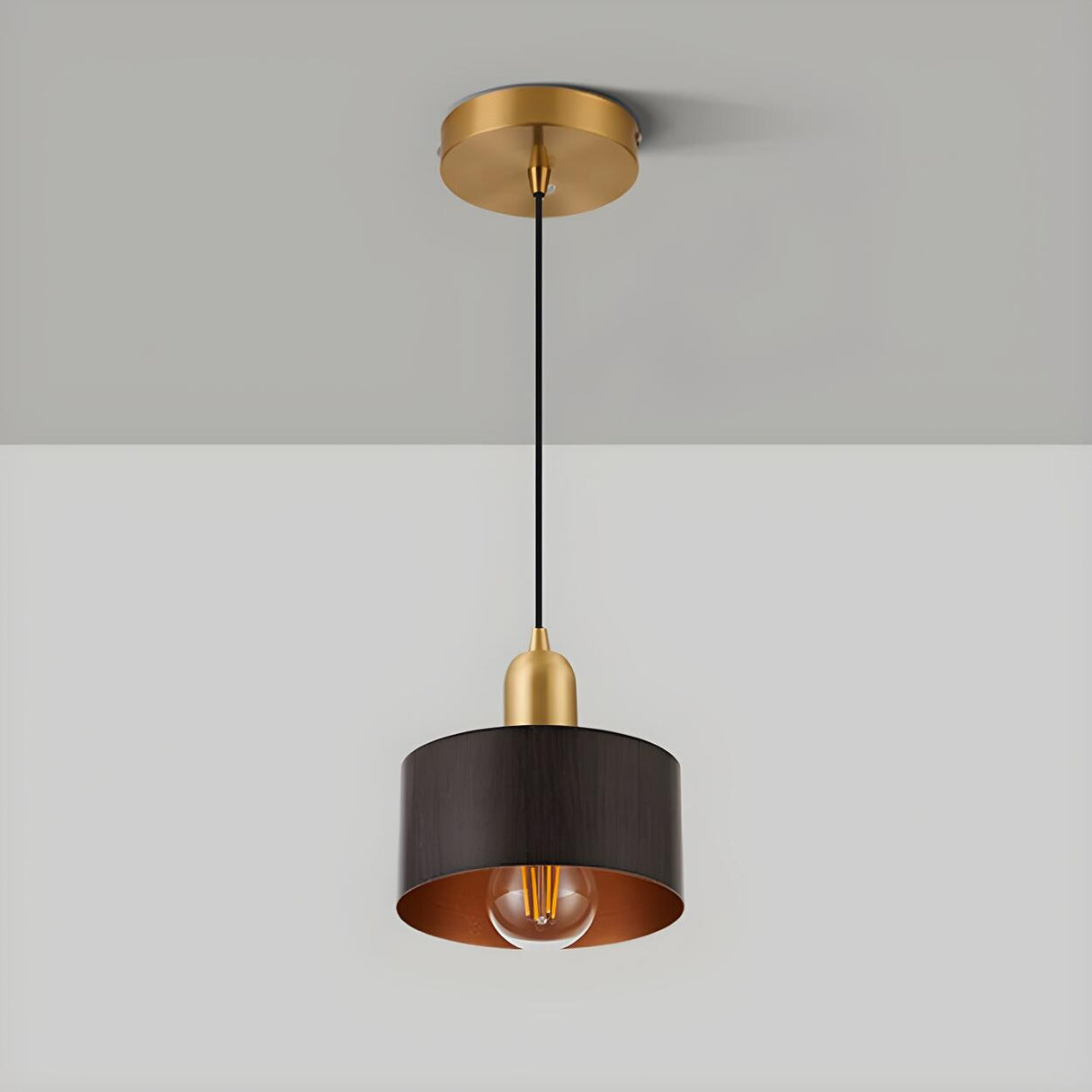 Contemporary Bedroom Solid Wood Drum Pendant Light Image - 9