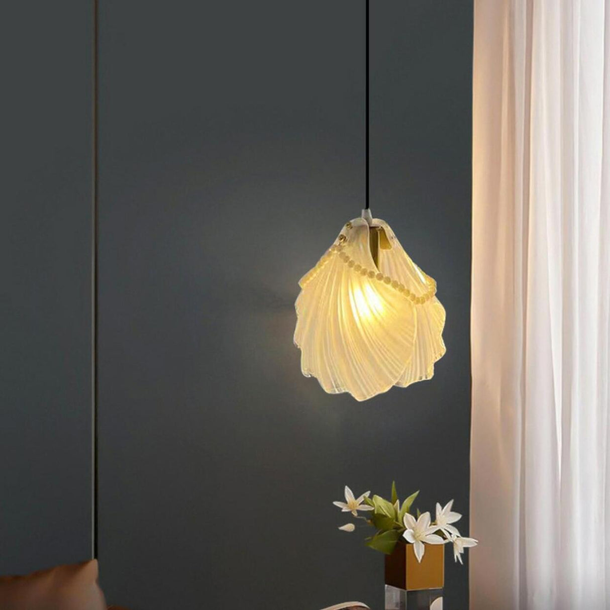 Contemporary Bedroom White Glass Shell Pendant Light Image - 1