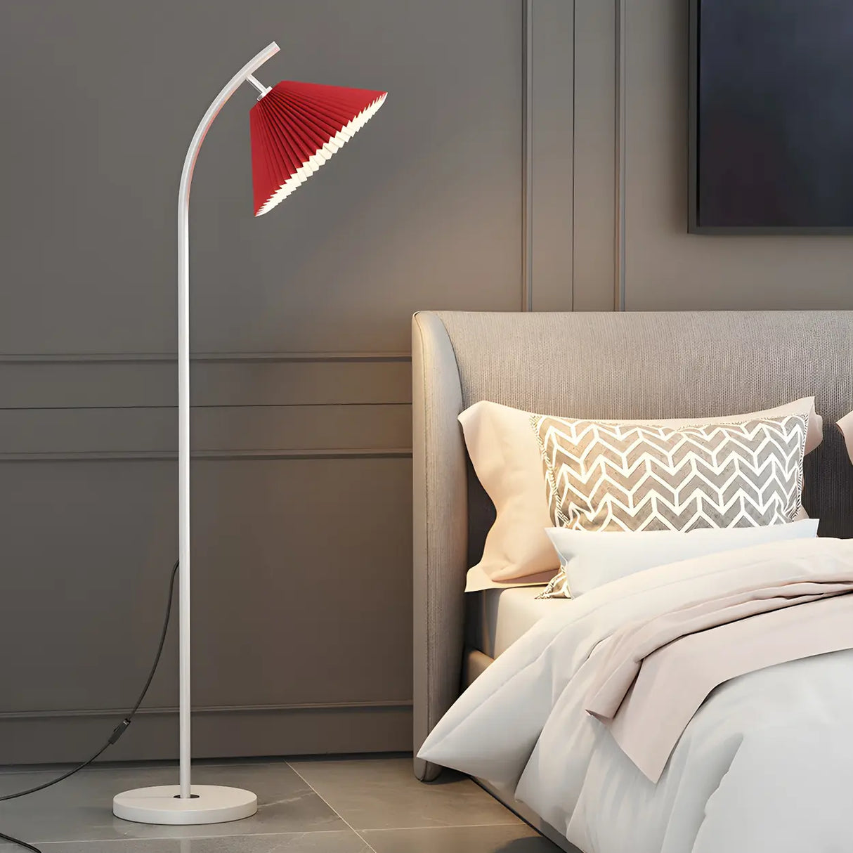 Contemporary Bedside Red Conical Fabric Floor Light Image - 1