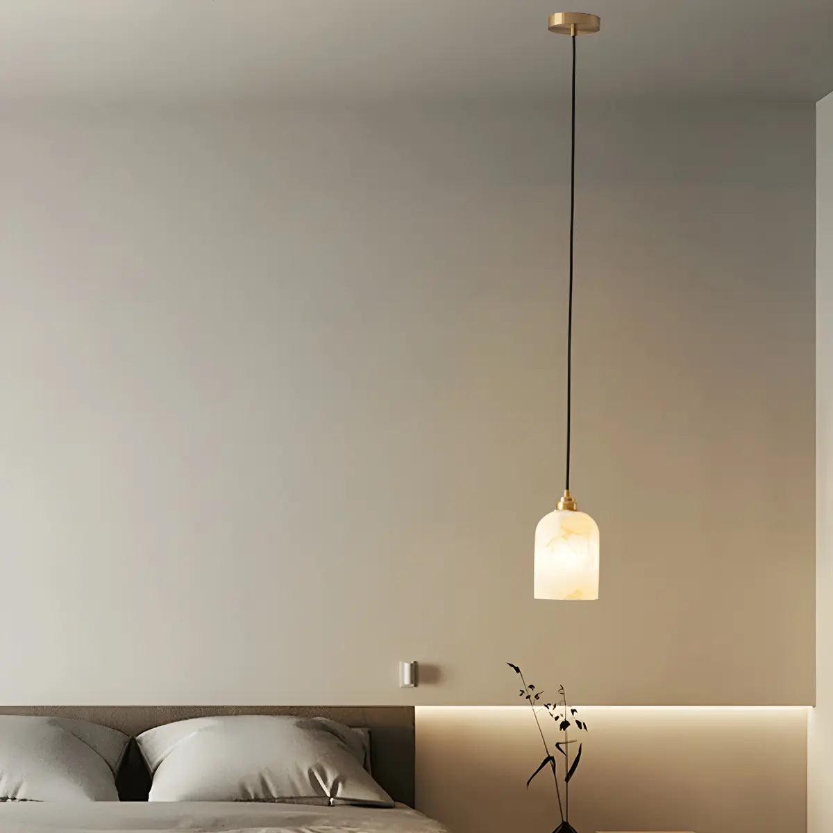 Contemporary Bell Alabaster Gold Mini Bedroom Pendant Light Image - 12