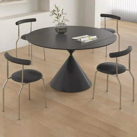 Contemporary Black Round Stone Dining Table Drop Leaf Image - 1