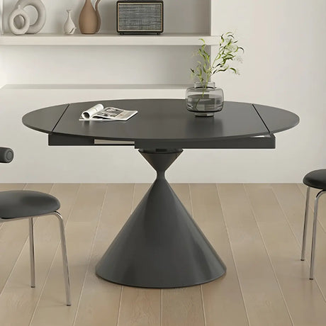 Contemporary Black Round Stone Dining Table Drop Leaf Image - 2