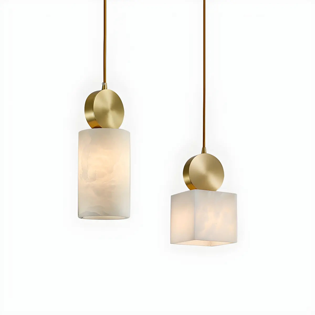 Contemporary Brass Alabaster Cube Bedroom Pendant Light Image - 2