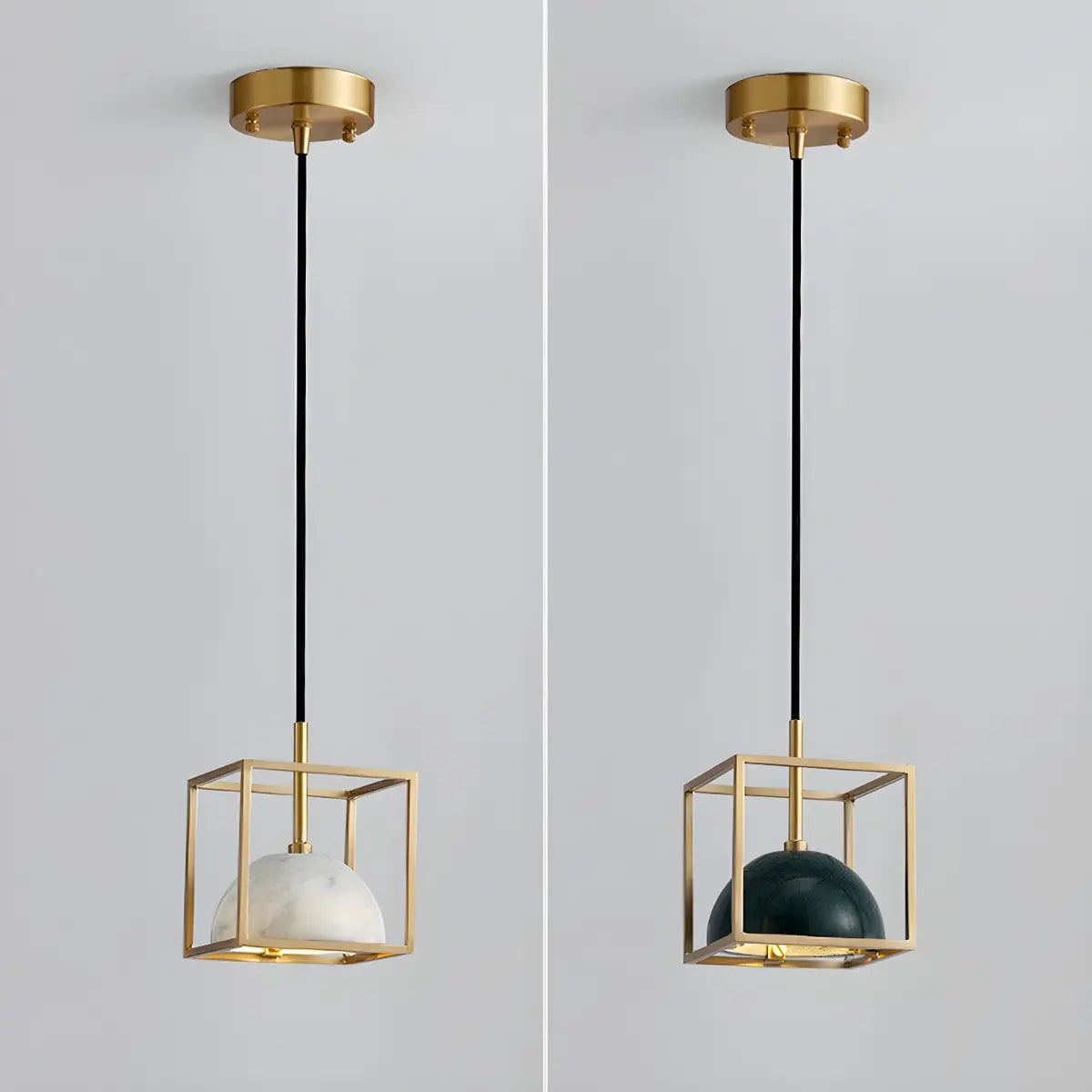 Contemporary Brass Cube Bowl Alabaster Bedroom Pendant Light Image - 8