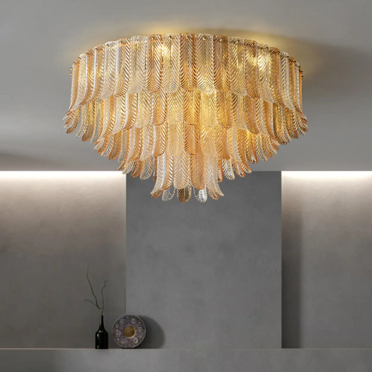 Contemporary Cascade Leaf Amber Glass Flush Mount Light Image - 1