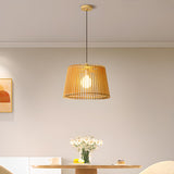 Contemporary Cast Iron Wooden Slatted Pendant Light Image - 1