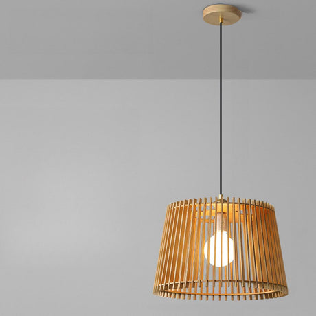 Contemporary Cast Iron Wooden Slatted Pendant Light Image - 2