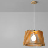 Contemporary Cast Iron Wooden Slatted Pendant Light Image - 3