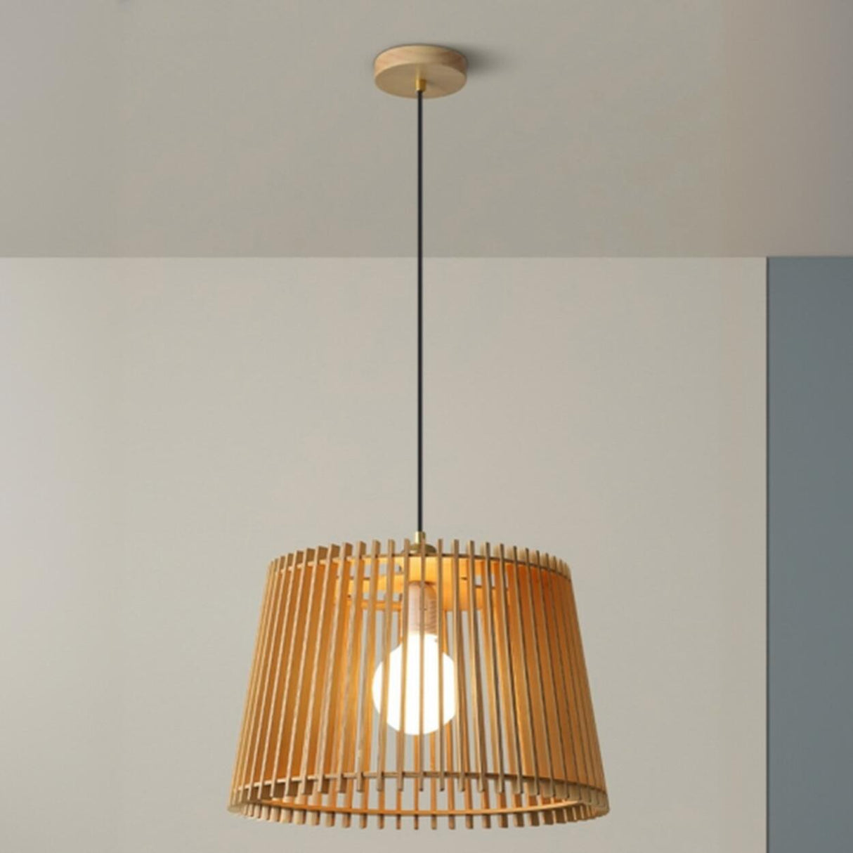 Contemporary Cast Iron Wooden Slatted Pendant Light Image - 7