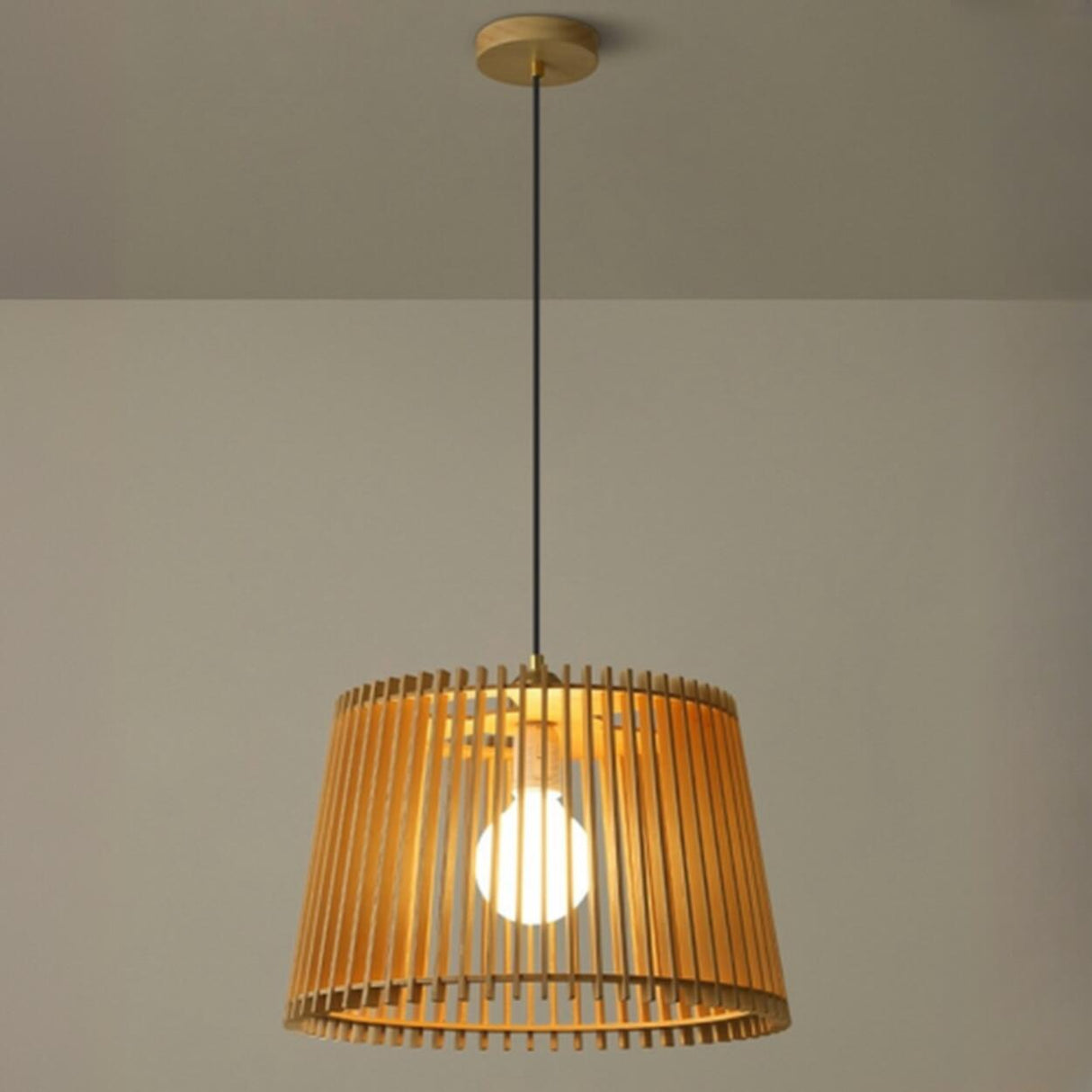 Contemporary Cast Iron Wooden Slatted Pendant Light Image - 8