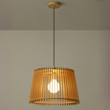 Contemporary Cast Iron Wooden Slatted Pendant Light Image - 8