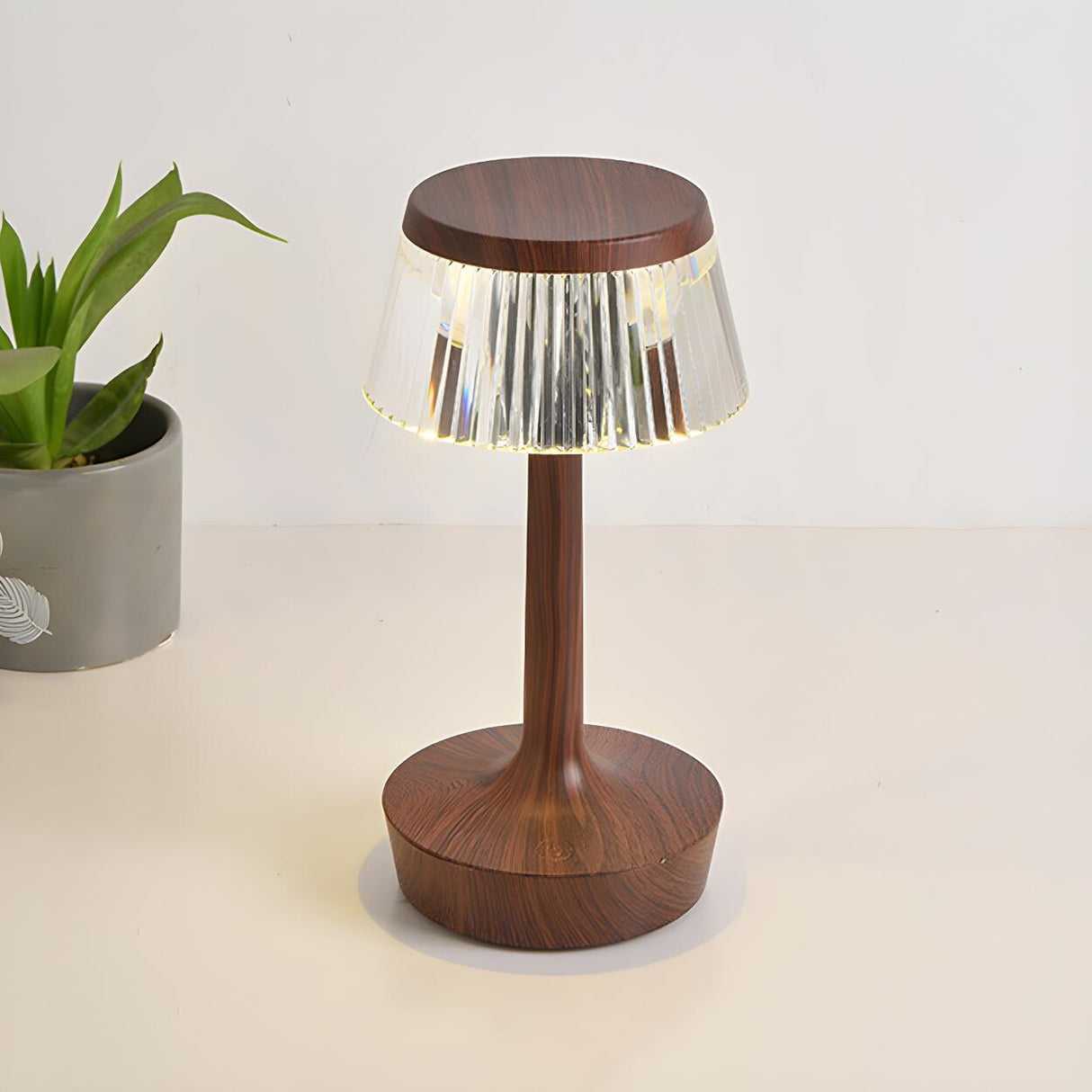 Contemporary Chic Geometric Wood Base Metal Table Lamp Image - 6