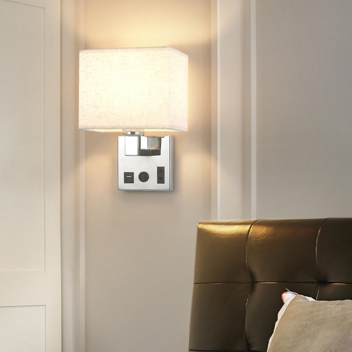 Contemporary Chrome Wall Sconce with USB Charging Ports Image - 1