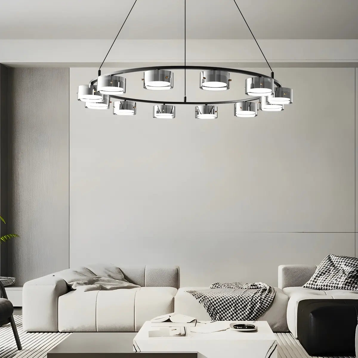 Contemporary Circle Cylinder Living Room Black Chandelier Image - 4