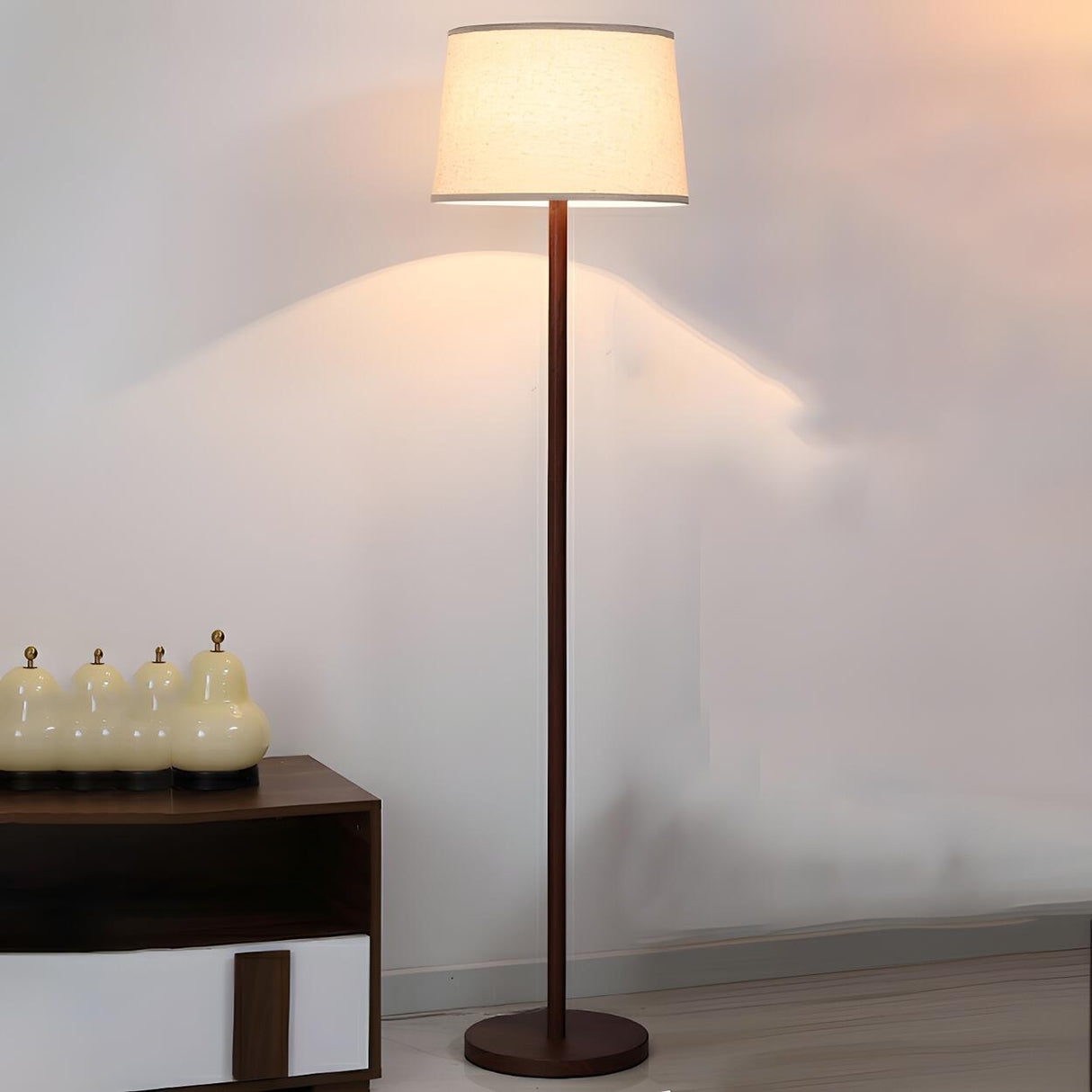 Contemporary Classic Barrel Walnut Metal Floor Lamp Image - 3