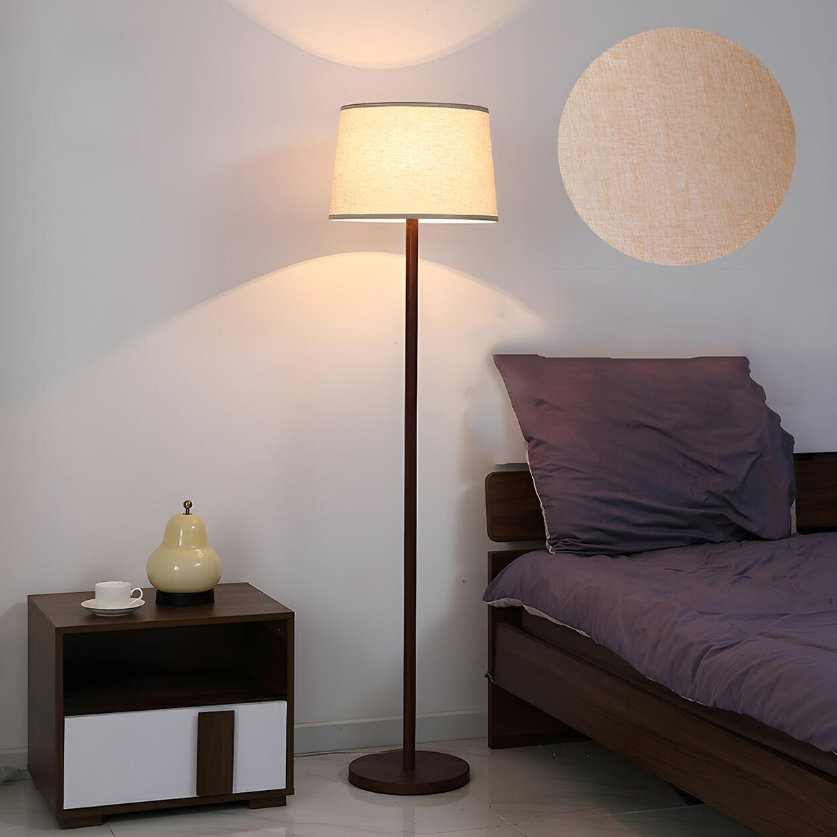 Contemporary Classic Barrel Walnut Metal Floor Lamp Image - 7