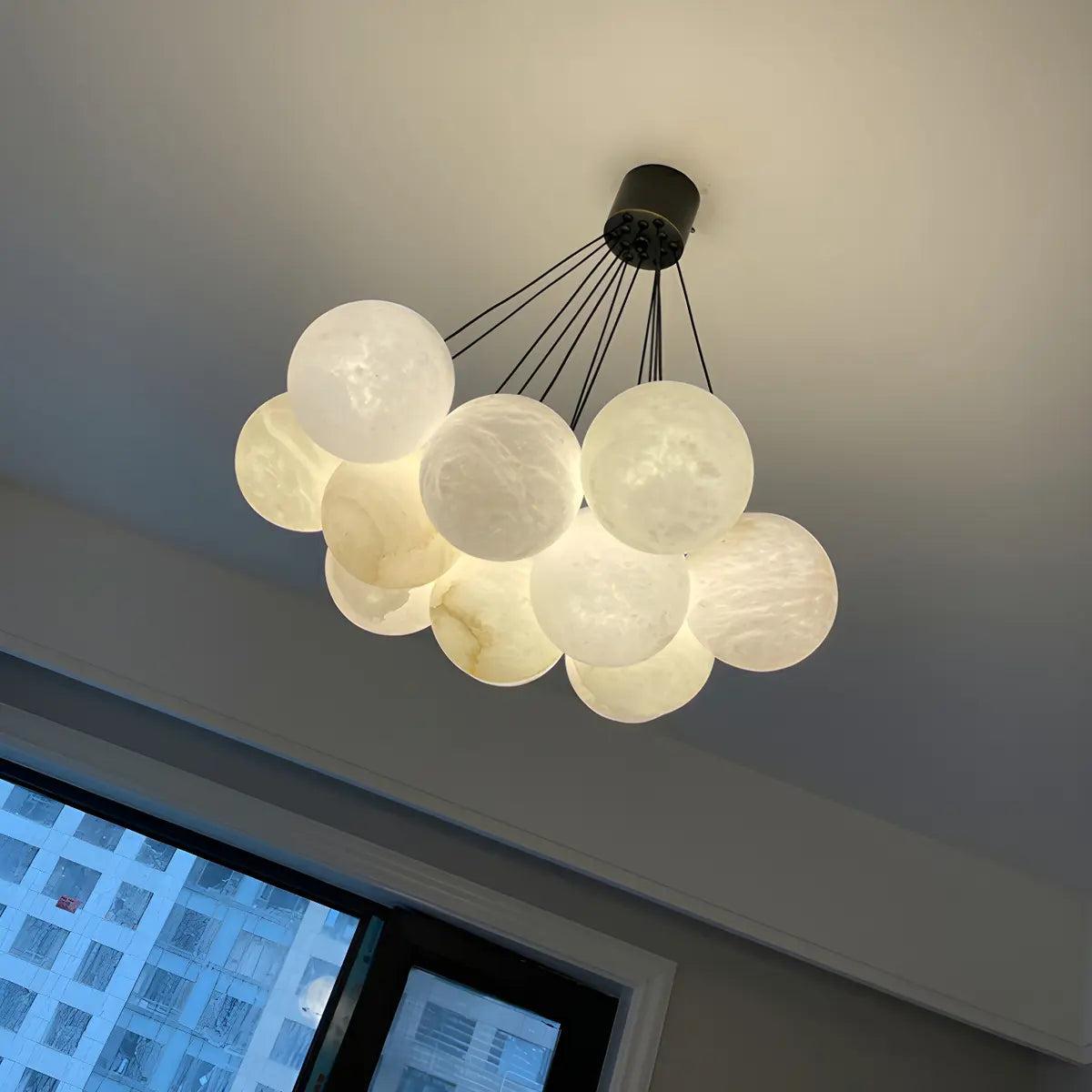 Contemporary Cluster Globe Alabaster White Chandelier Image - 7