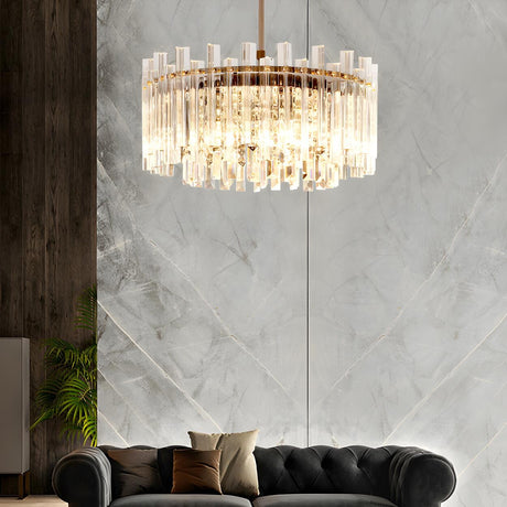 Contemporary Crystal Clear Prism Drum Pendant Chandelier Image - 2