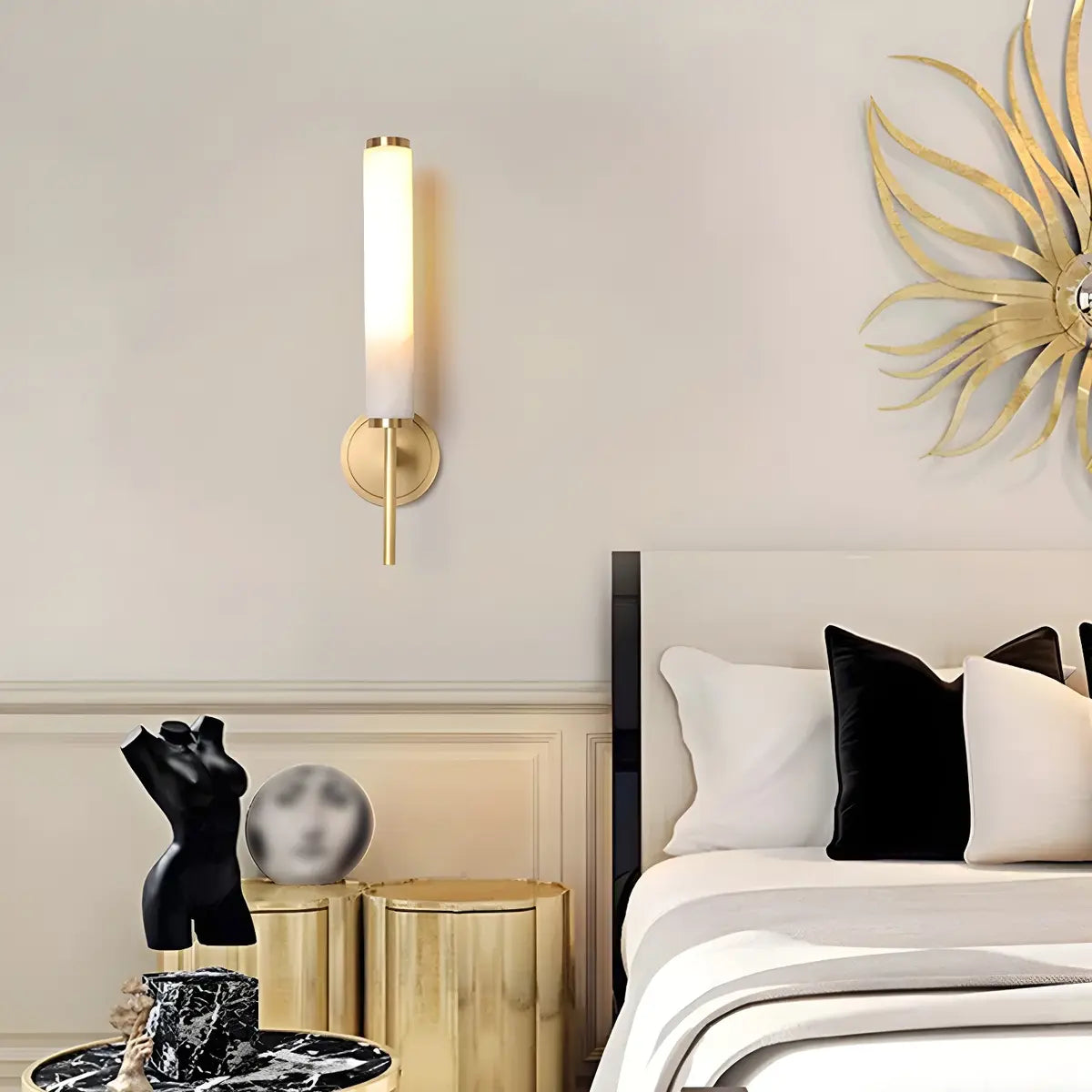 Contemporary Cylinder Alabaster Gold Bedside Wall Sconce Image - 3