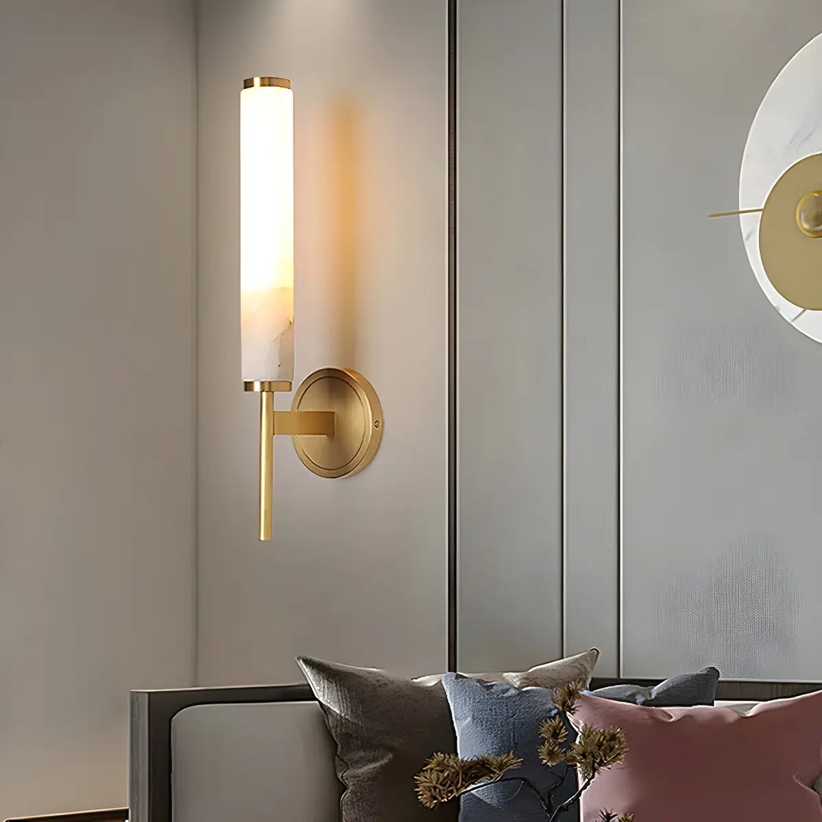 Contemporary Cylinder Alabaster Gold Bedside Wall Sconce Image - 4