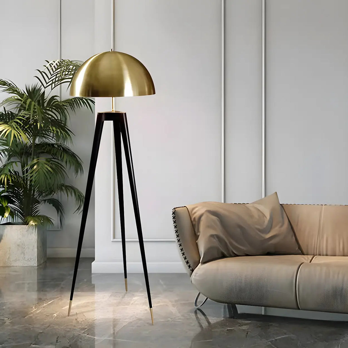 Contemporary Dome Brass Tripod Metal Floor Lamp Image - 13