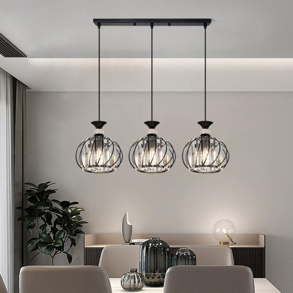 Contemporary Drum Clear Crystal 3 Lights Pendant Light Kit Image - 6