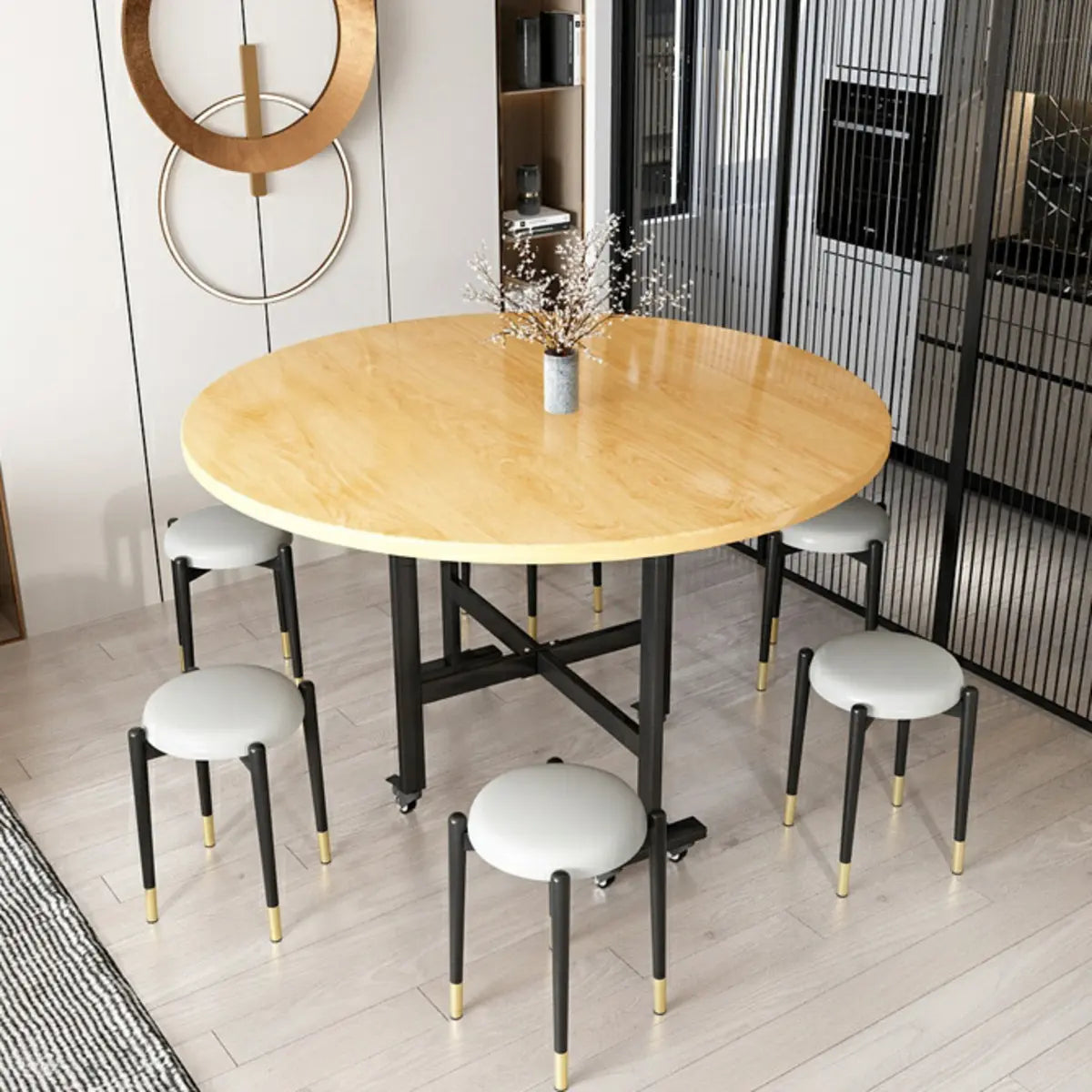 Contemporary Extendable Round Marble Dining Table Steel Base Image - 2