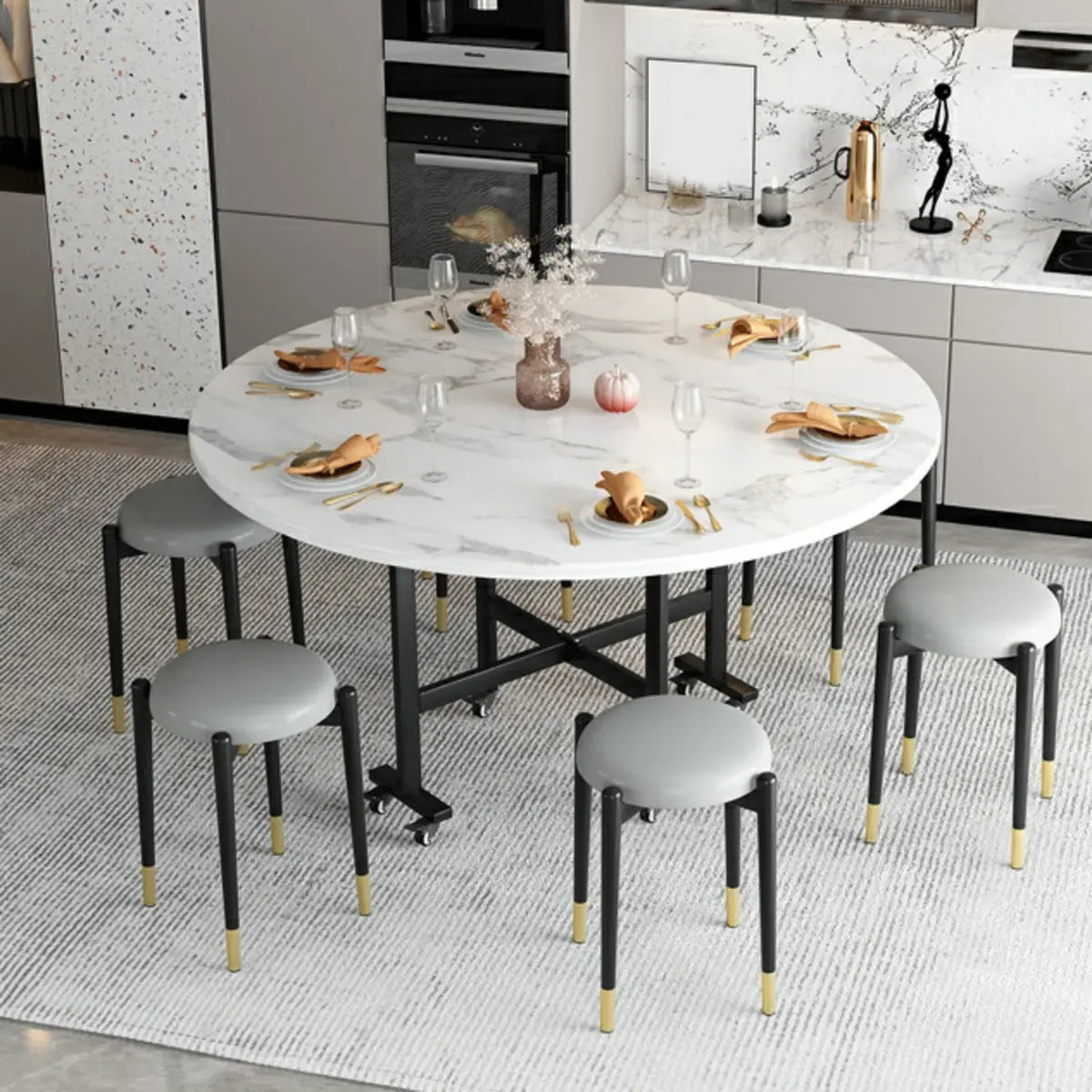 Contemporary Extendable Round Marble Dining Table Steel Base Image - 3