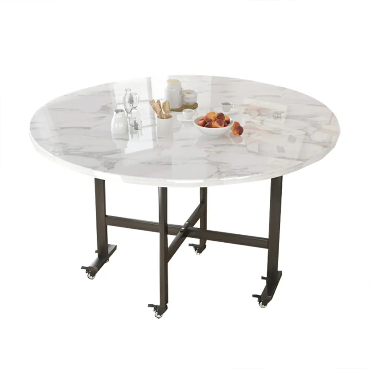 Contemporary Extendable Round Marble Dining Table Steel Base Image - 7