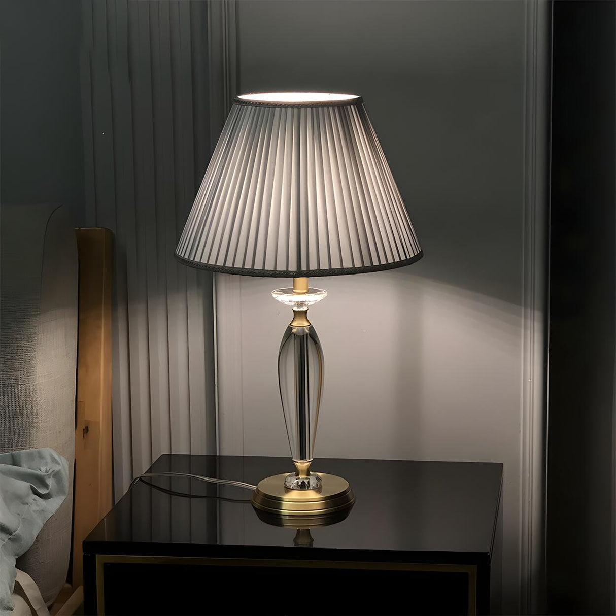 Contemporary Fabric Shade Crystal Base Table Lamp Image - 1