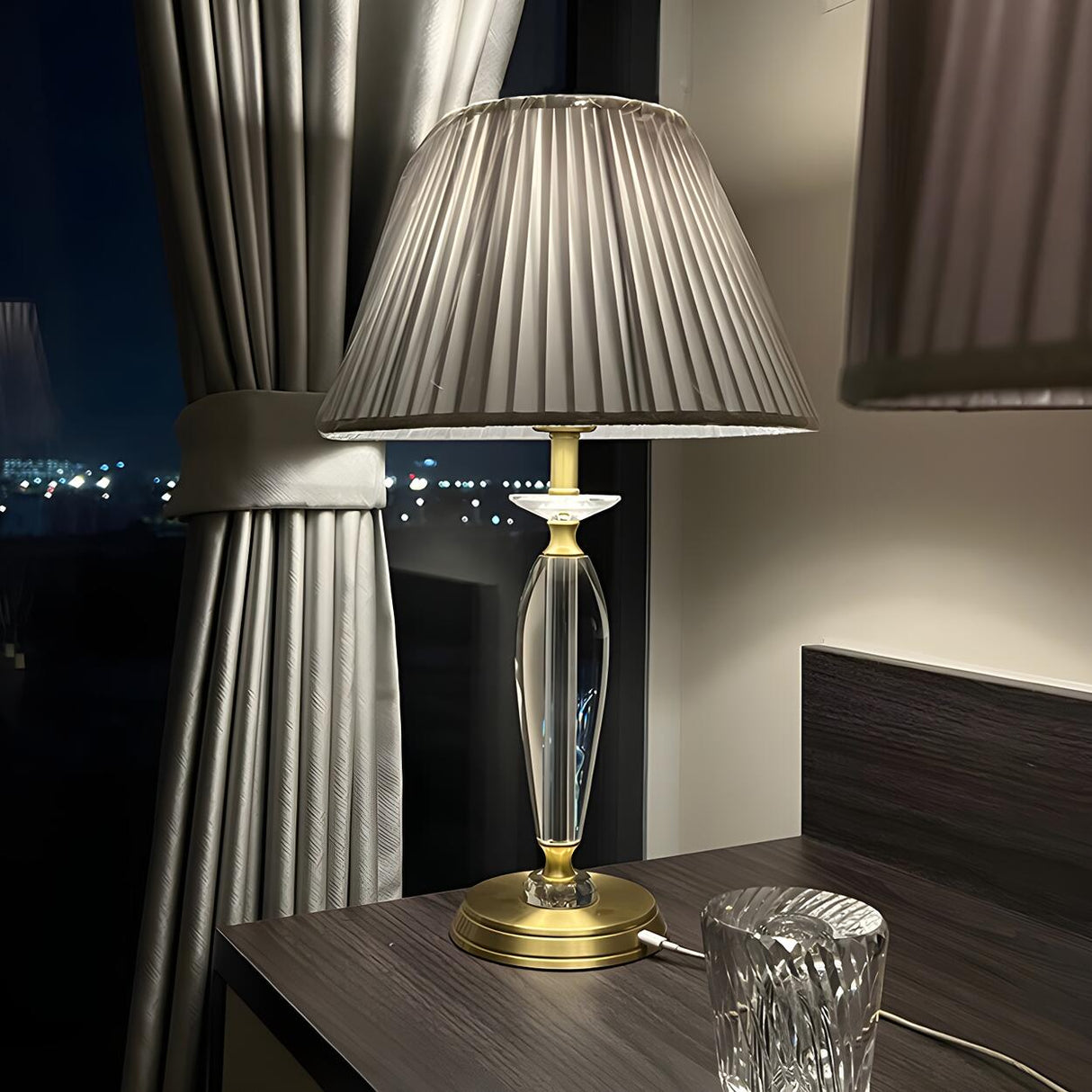 Contemporary Fabric Shade Crystal Base Table Lamp Image - 2