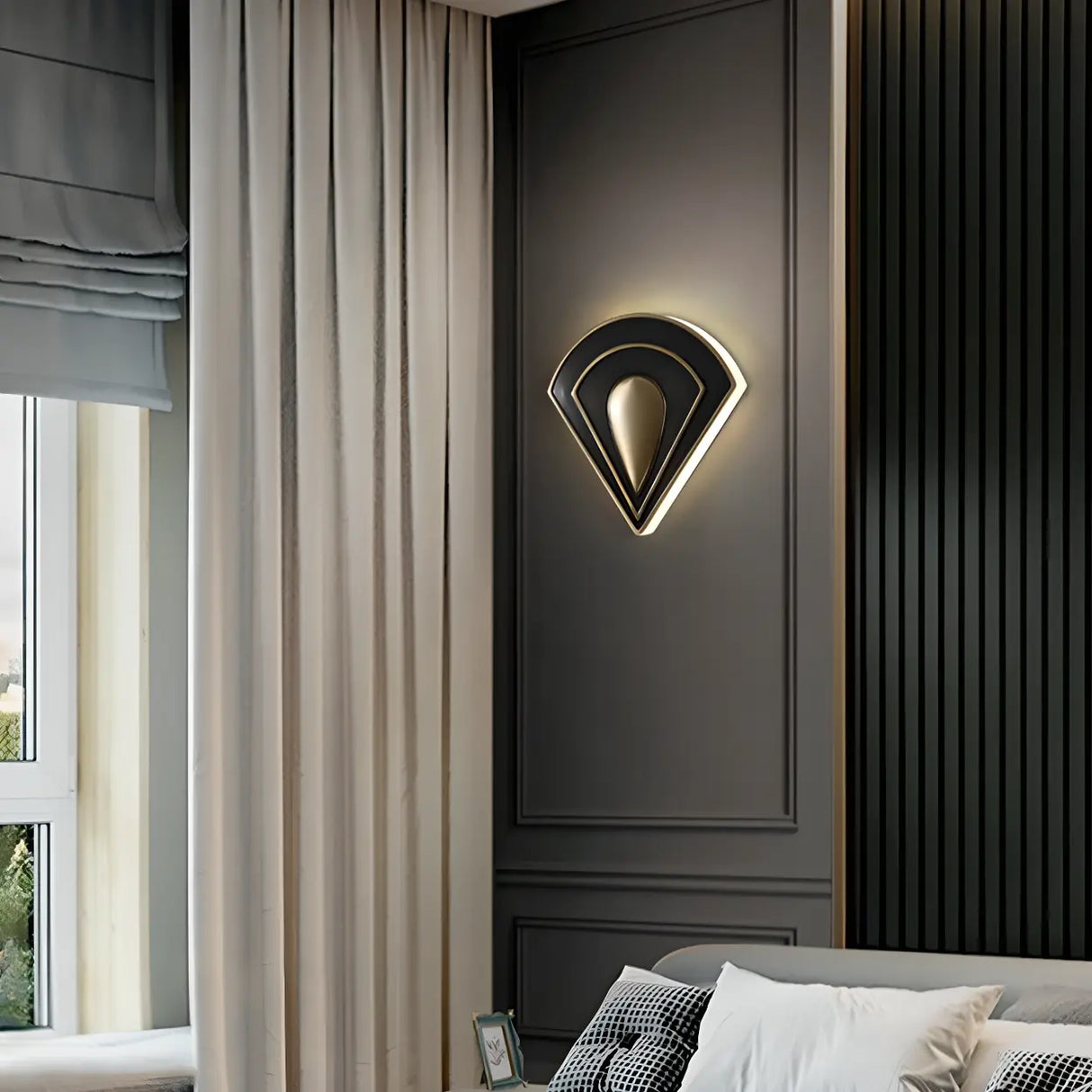 Contemporary Fan Shaped Black and Gold Wall Sconce Image - 3