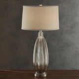 Contemporary Glass Base Fabric Drum Shade Table Lamp Image - 1