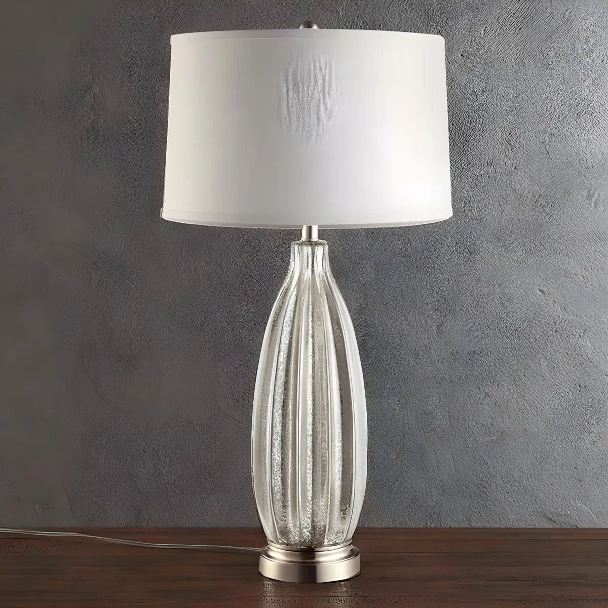 Contemporary Glass Base Fabric Drum Shade Table Lamp Image - 3